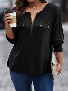 SHEIN LUNE 1 件大尺碼女拉鍊半門襟翻蓋細節 T 卹 - 黑色 - 查看 3