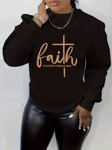 SHEIN EZwear 字母印花保暖襯裡衛衣 - 黑色 - 查看 1