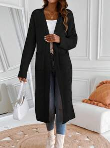 SHEIN Essnce 女士下垂肩純色針織開衫 - 黑色 - 查看 4