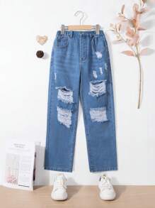 Tween Girls' Ripped Jeans - Medium Wash - View 1