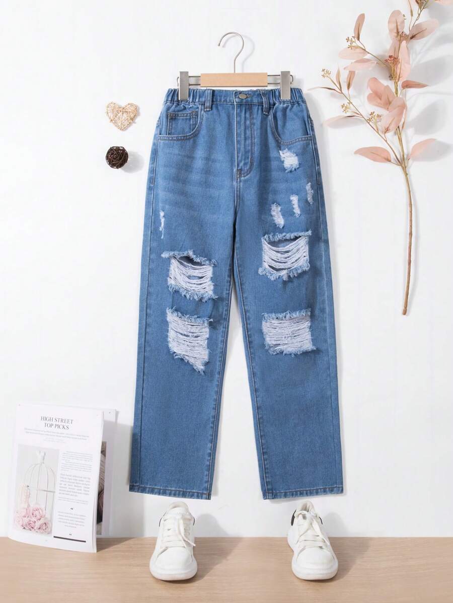 Tween Girls' Ripped Jeans - Medium Wash - View 1