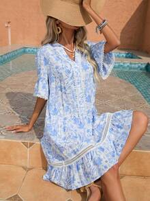 Bohemian Asymmetrical Printed Loose Waist Short Sleeve Flared Dress For Spring Or Summer Holiday, Scoop Neckline - Blue and White - View 6