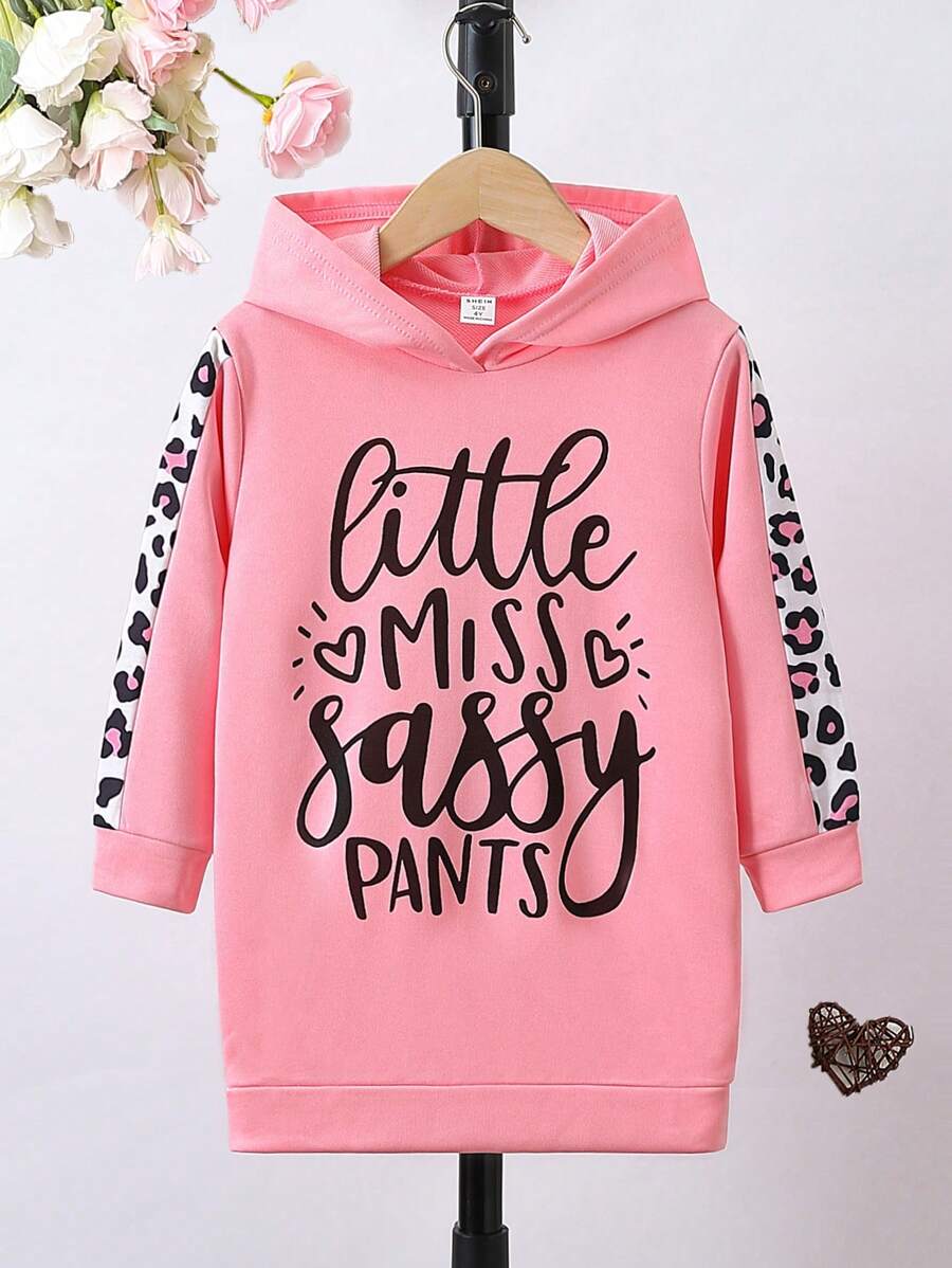 SHEIN 小女孩可愛字母印花長袖連帽衫,適用於春秋冬三季 - 粉色 - 查看 1