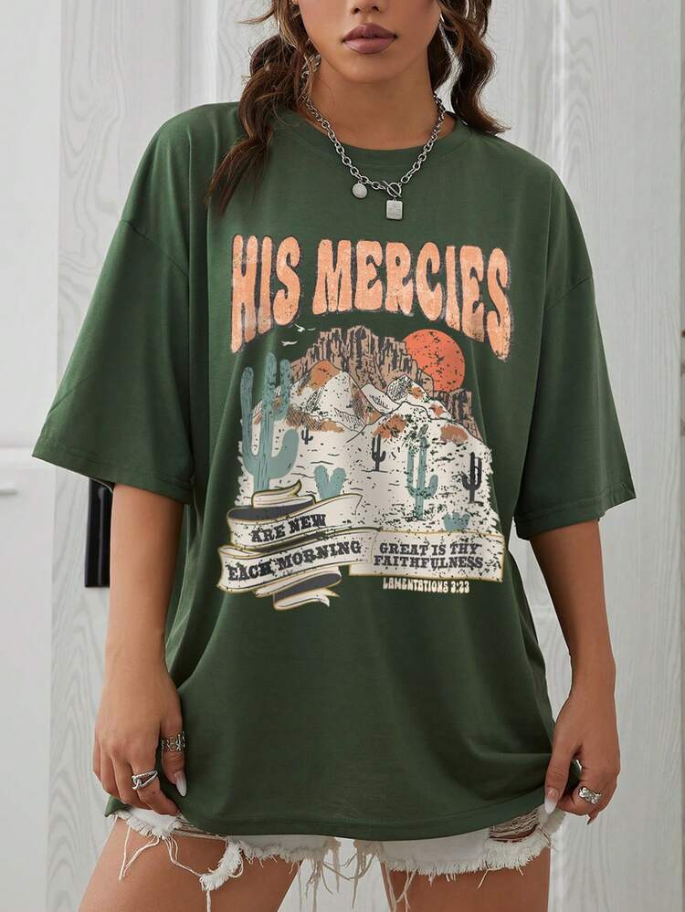 SHEIN EZwear Camiseta Con Hombros Caídos Y Estampado De Letras Y Cactus Para Mujer - Verde militar - Ver 3