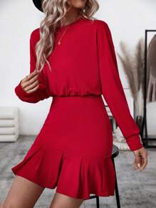 Chiquease Váy dài tay bèo nhún màu trơn cho quần áo năm mới - Đỏ - Xem 3