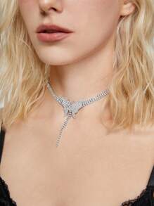 ROMWE Fairycore Dây chuyền nhiều lớp pha lê, ngọc trai và nơ, thiết kế thời trang, mặt dây chuyền xương đòn, phụ kiện cá nhân hóa cho nữ - Bạc - Xem 1