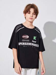 SHEIN Tween Boy Loose Fit Round Neck Short Sleeve T-Shirt With Letter Print - Black - View 7