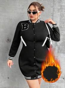 Maweii Plus Letter Patched Striped Trim Baseball Collar Bodycon Dress - Black - View 4