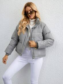 拉链按扣衬垫大衣 - 灰色 - 查看 4