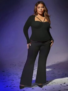 SHEIN SXY 大尺碼純色鏤空t卹 - 黑色 - 查看 3