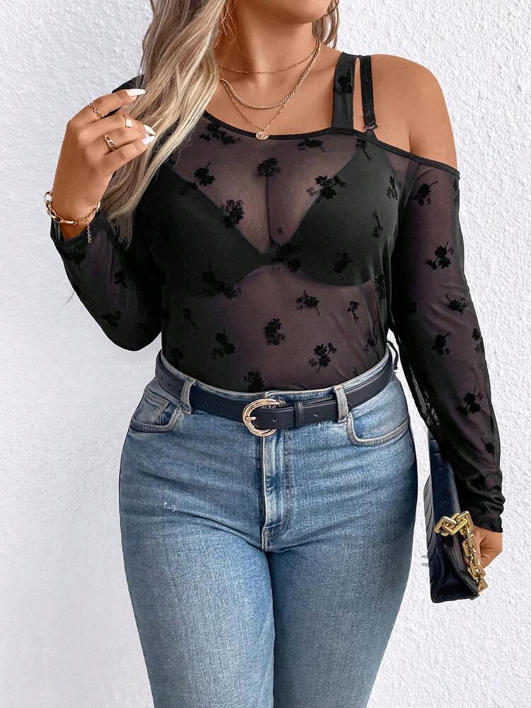 Plus Size Women'S Jacquard Mesh Asymmetric Collar Top