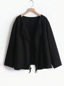 SHEIN LUNE Plus Size Women's Patchwork Fringe Long Sleeve Coat Fall Cloth For Women - Black - View 3