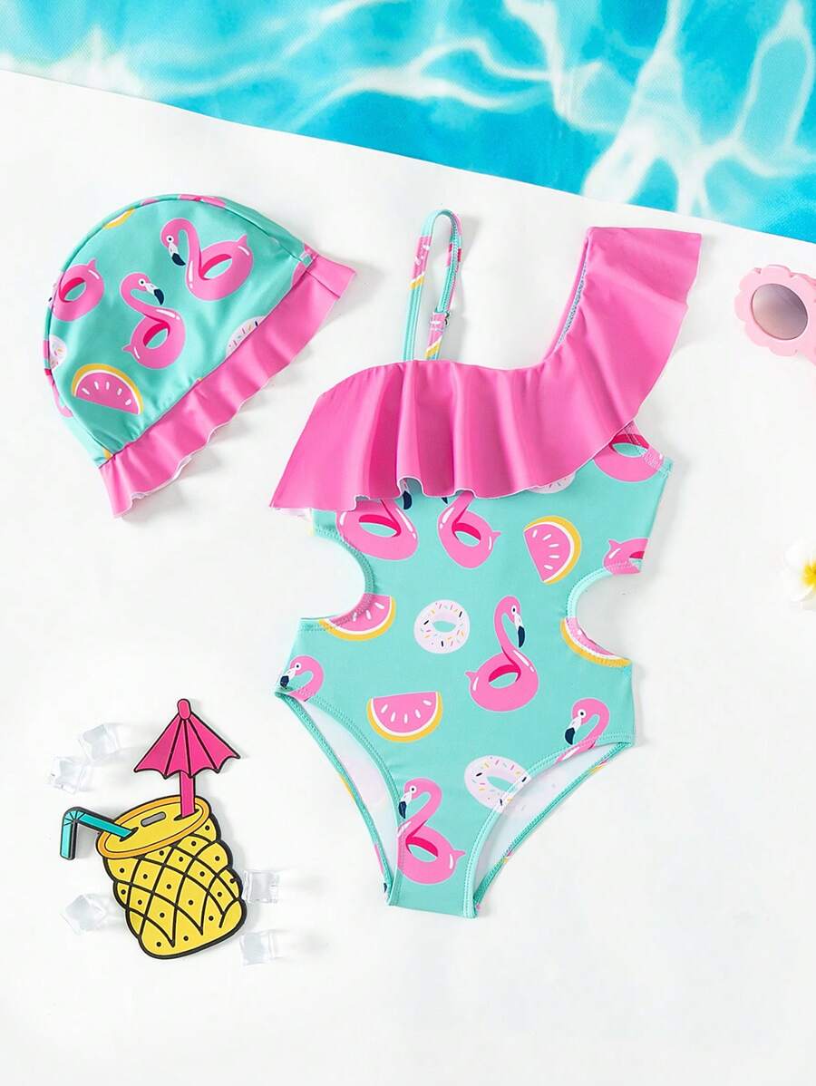 Baby Girls' One-Piece Swimsuit With Cartoon Print And Hollow-Out Waist And Ruffle Trim, Comes With A Swimming Cap - Multicolor - View 1