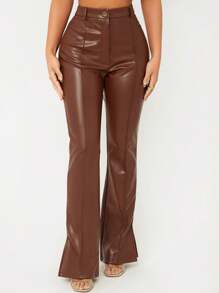 EURMUSE Women's Tight-Fit PU Leather Flared Pants With Slit - Brown - View 3
