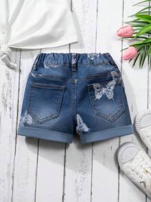 幼童女孩蝴蝶印花牛仔短褲 - 中等水洗藍 - 查看 2