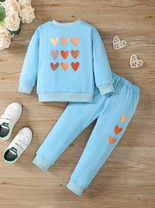 SHEIN Little Girls' Heart Pattern Casual 2-Piece Outfit - Baby Blue - View 1