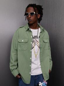 Manfinity EMRG Men's Cargo Denim Shirt With Pockets - Army Green - View 1