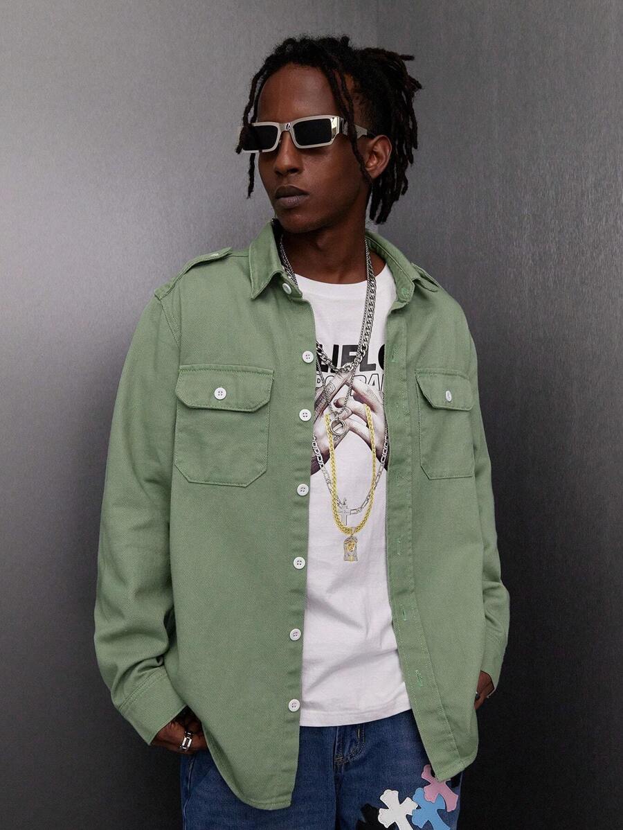 Manfinity EMRG Men's Cargo Denim Shirt With Pockets - Army Green - View 1