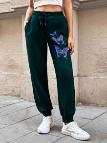EURMUSE Butterfly Print Drawstring Waist Slant Pocket Sweatpants - Dark Green - View 5