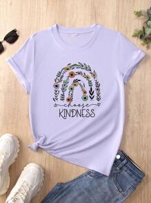女式時尚春夏花卉及字母印花短袖t恤 - 紫色 - 查看 1