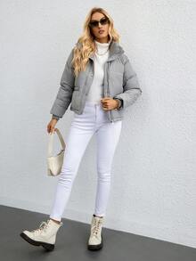 拉链按扣衬垫大衣 - 灰色 - 查看 8