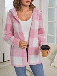 SHEIN LUNE 格紋圖案連帽絨毛外套 - 粉色 - 查看 5