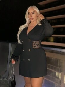 Shein Sxy大尺碼蕾絲拼接雙排扣套裙性感時尚俱樂部情人節裝扮 - 黑色 - 查看 6