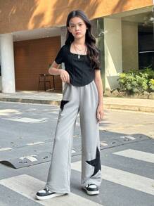 SHEIN Leap Crew 補間女孩運動街頭針織純色領短袖上衣和五角星針織運動褲