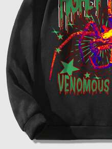 ROMWE MEN Street Life Guys Letter & Spider Graphic Drawstring Thermal Lined Hoodie - Black - View 7