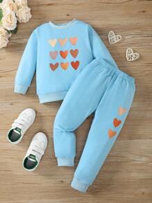 SHEIN Little Girls' Heart Pattern Casual 2-Piece Outfit - Baby Blue - View 7