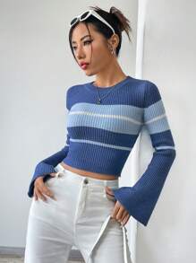 Flirla Women's Color Block Long Sleeve Cropped Sweater,Long Sleeve Tops Knit Pullover Fall Winter Sweater - Multicolor - View 6