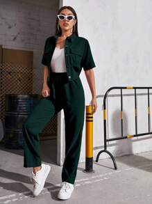 Mulvari Solid Color Shirt And Pants Casual 2pcs/Set 2 Piece Set - Dark Green - View 3