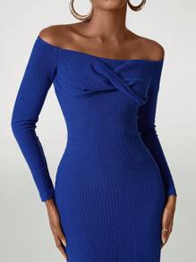 blue chic Vestido elegante de punto estriado con parte delantera retorcida y hombros descubiertos, para vacaciones - azul real - Ver 4