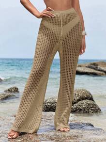 SHEIN Swim Summer Beach Solid Color Hollow Out Cover Up Pants - Khaki - View 2