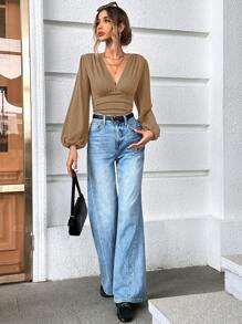 SHEIN Privé Lantern Sleeve Pleated T-Shirt - Khaki - View 5