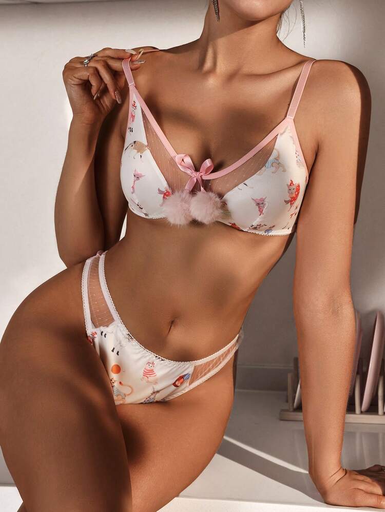 Women's Cat Print Mesh Splice See-Through Sexy Lingerie