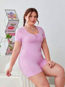 SHEIN EZwear Kích thước lớn Của phụ nữ Thon gọn Romper Với Nhỏ bé Nơ - Hồng - Xem 3