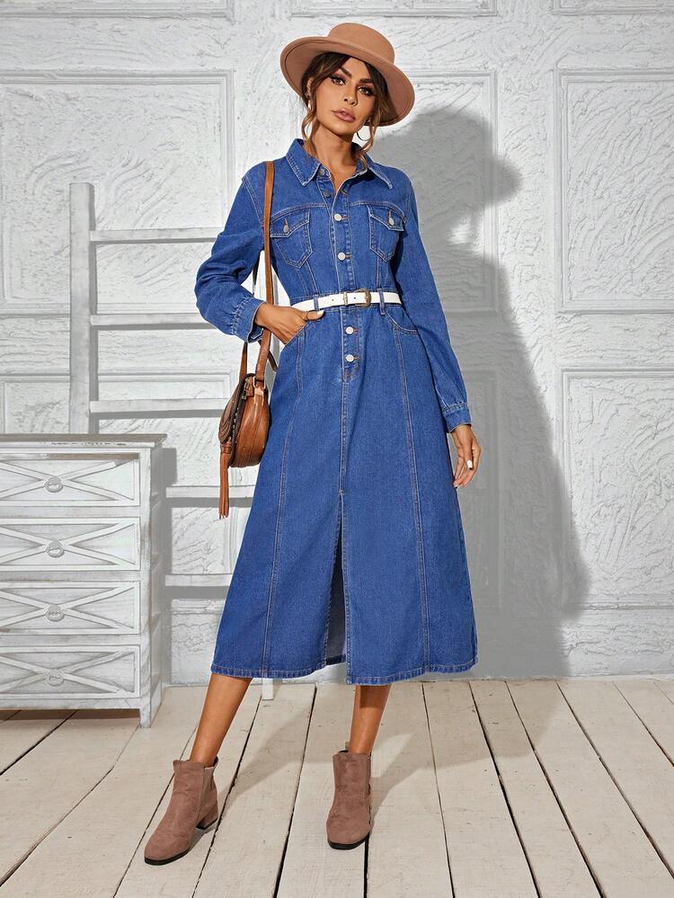 Women'S Long Sleeve Denim Shirt Dress