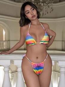 SHEIN Swim 女士撞色露背系带比基尼套装夏季海滩 - 彩色 - 查看 3