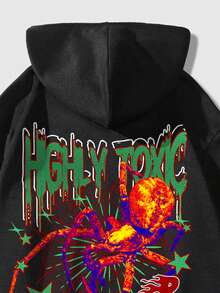 ROMWE MEN Street Life Guys Letter & Spider Graphic Drawstring Thermal Lined Hoodie - Black - View 6