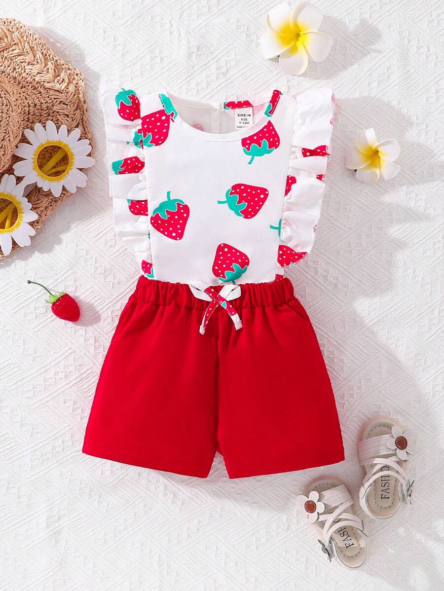 女嬰草莓上衣和短褲套裝 - 紅色 - 查看 1