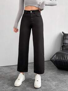 EURMUSE Solid Color Straight Denim Trousers - Black - View 3