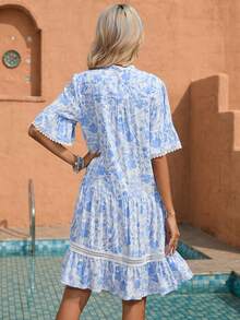 Bohemian Asymmetrical Printed Loose Waist Short Sleeve Flared Dress For Spring Or Summer Holiday, Scoop Neckline - Blue and White - View 2