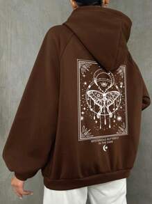 SHEIN EZwear Áo nỉ trùm đầu in hình bướm và mặt trăng có lót nhiệt cho nữ - Cà phê nâu - Xem 1