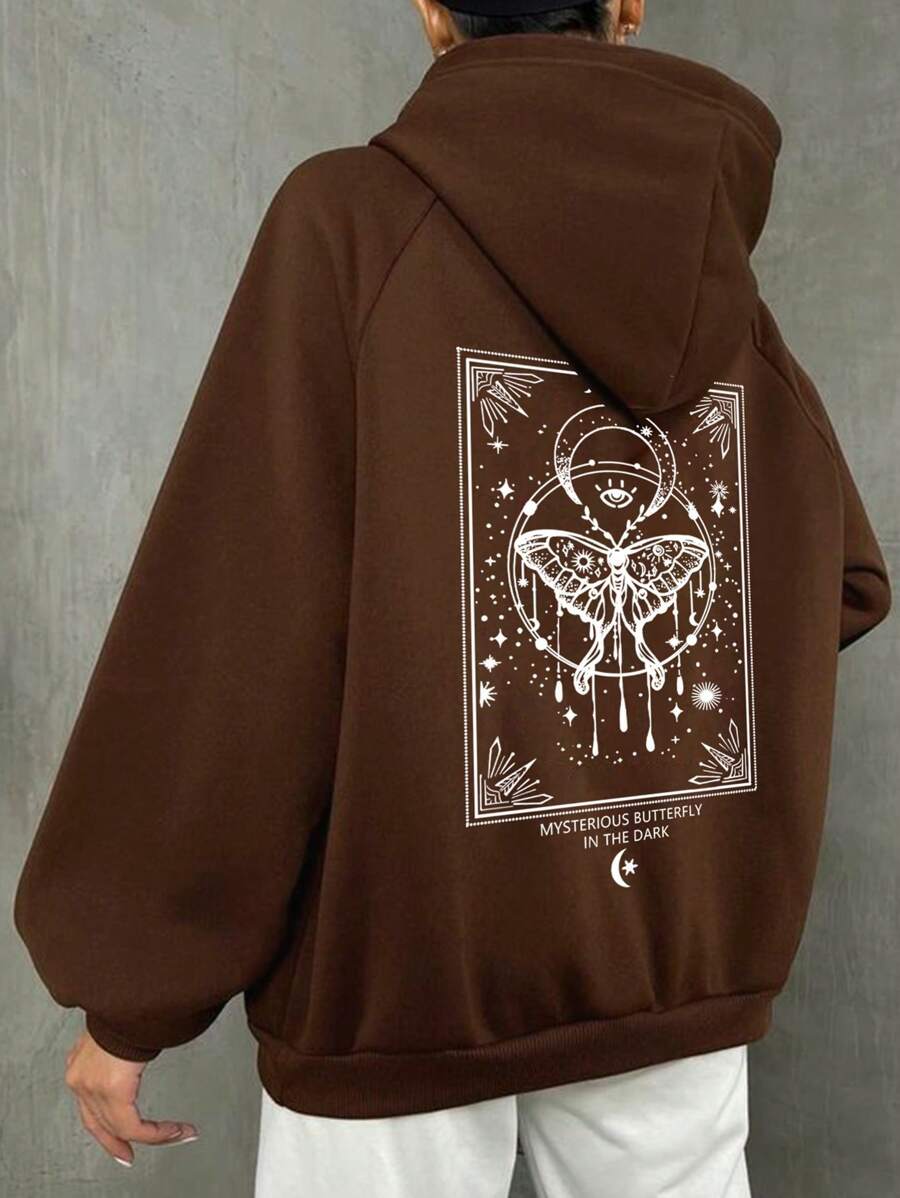 SHEIN EZwear Áo nỉ trùm đầu in hình bướm và mặt trăng có lót nhiệt cho nữ - Cà phê nâu - Xem 1