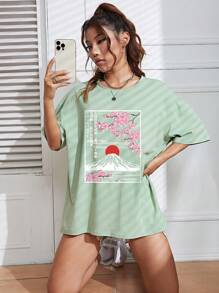 SHEIN EZwear 印花寬鬆休閒放肩t恤 - 綠色 - 查看 1