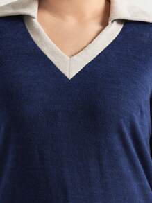 Mulvari Plus Size Contrast Neckline Dress - Navy Blue - View 6