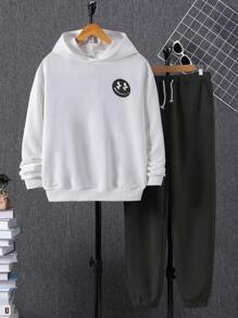 SHEIN Teen Boys' Casual Hoodie With Printed Design And Sweatpants, Comfortable And Versatile Outfit - Grey - View 2