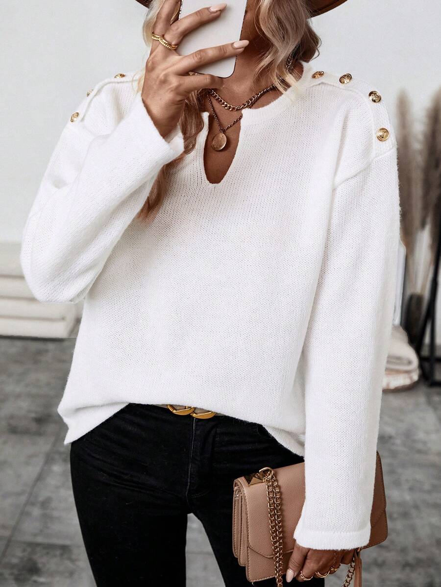 SHEIN LUNE Women'S Notched Collar Button Decorated Sweater Knit Pullover Fall Winter Outfit