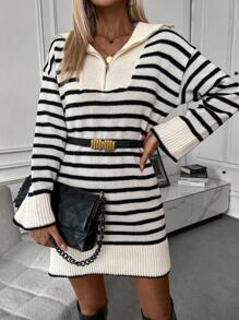 SHEIN Essnce 女款拉鍊半開襟條紋毛衣連衣裙 - 彩色 - 查看 3